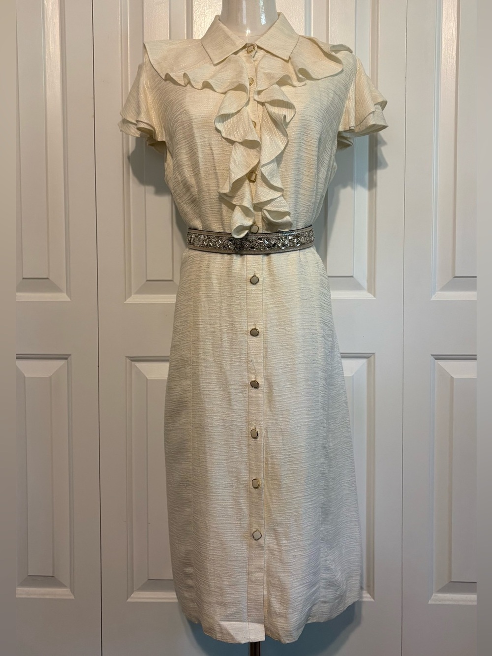 ANTONIO MELANI, Cream Ruffle-Front Button-Front Dress, Size 12